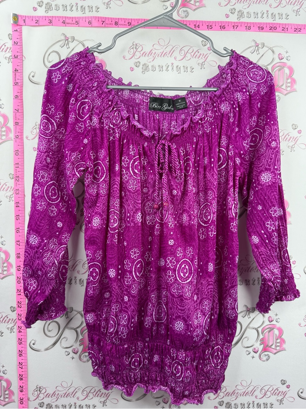BIZZ GIRL blouse smocked paisley y2k Magenta Floral Paisley Peasant Tunic